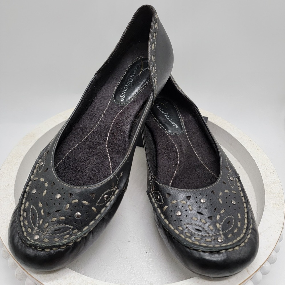 Earth Origins Shoes Womens Sz 6.5 Black Natalie2 Leather Slip-On Ballet Flats